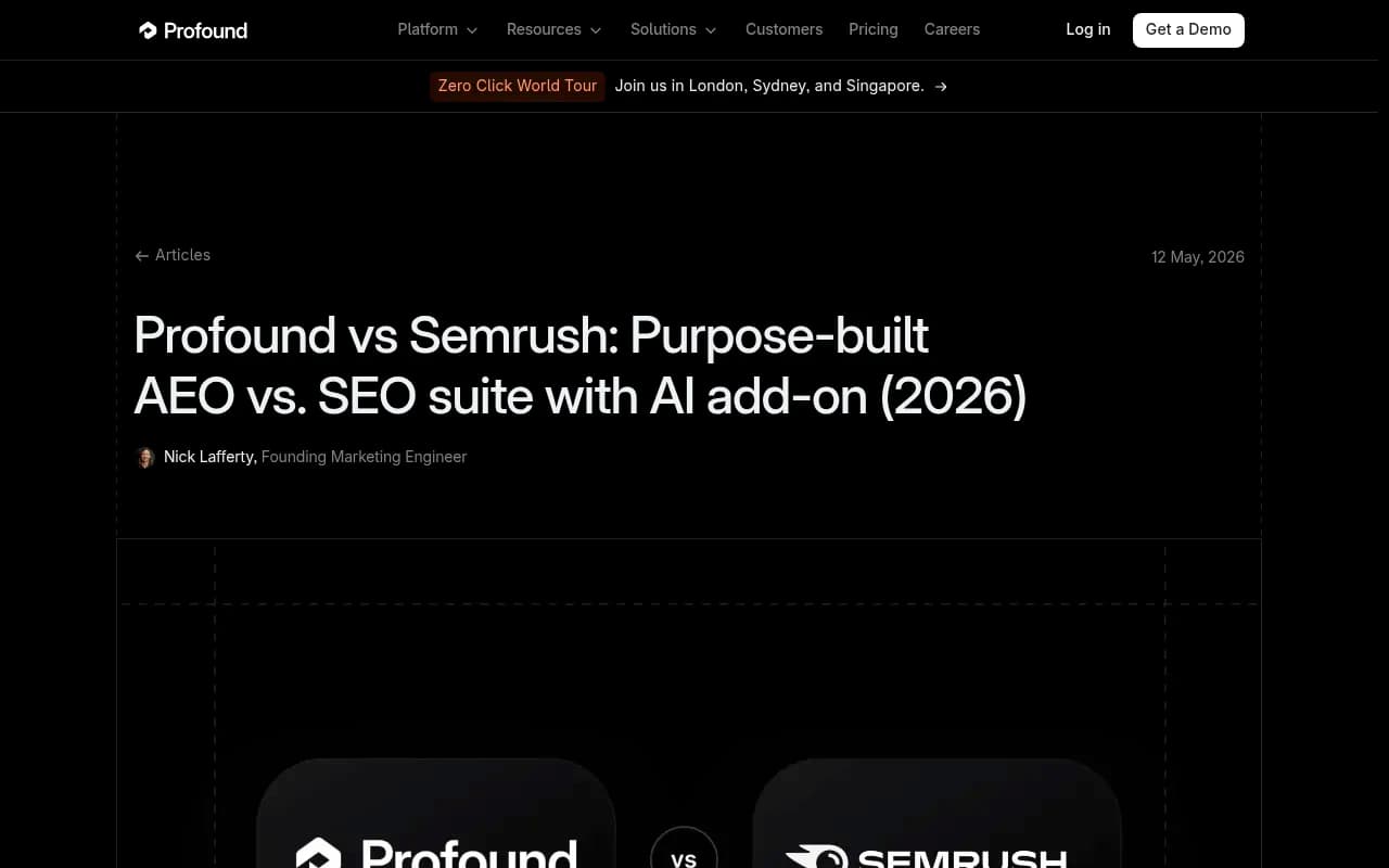 Profound's comparison table against Semrush, highlighting the gap between purpose-built AEO infrastructure and SEO-suite AI add-ons