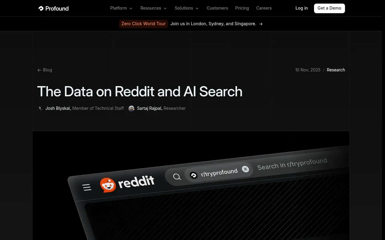 Profound's research page on Reddit and AI search, with citation share by domain and answer engine