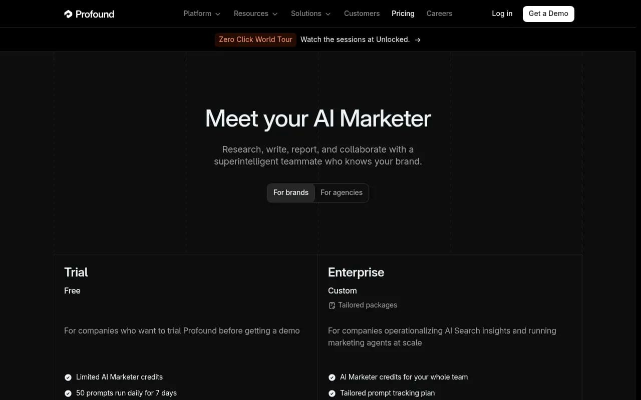 Profound's pricing page showing the brand Trial and Enterprise options