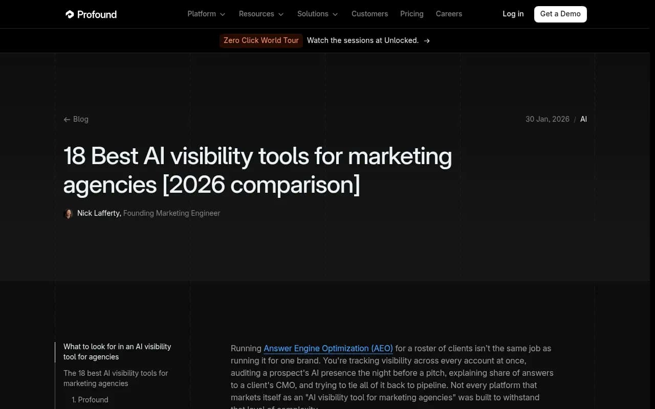 Profound's comparison of AI visibility tools for marketing agencies, a vendor-authored list that ranks Profound first
