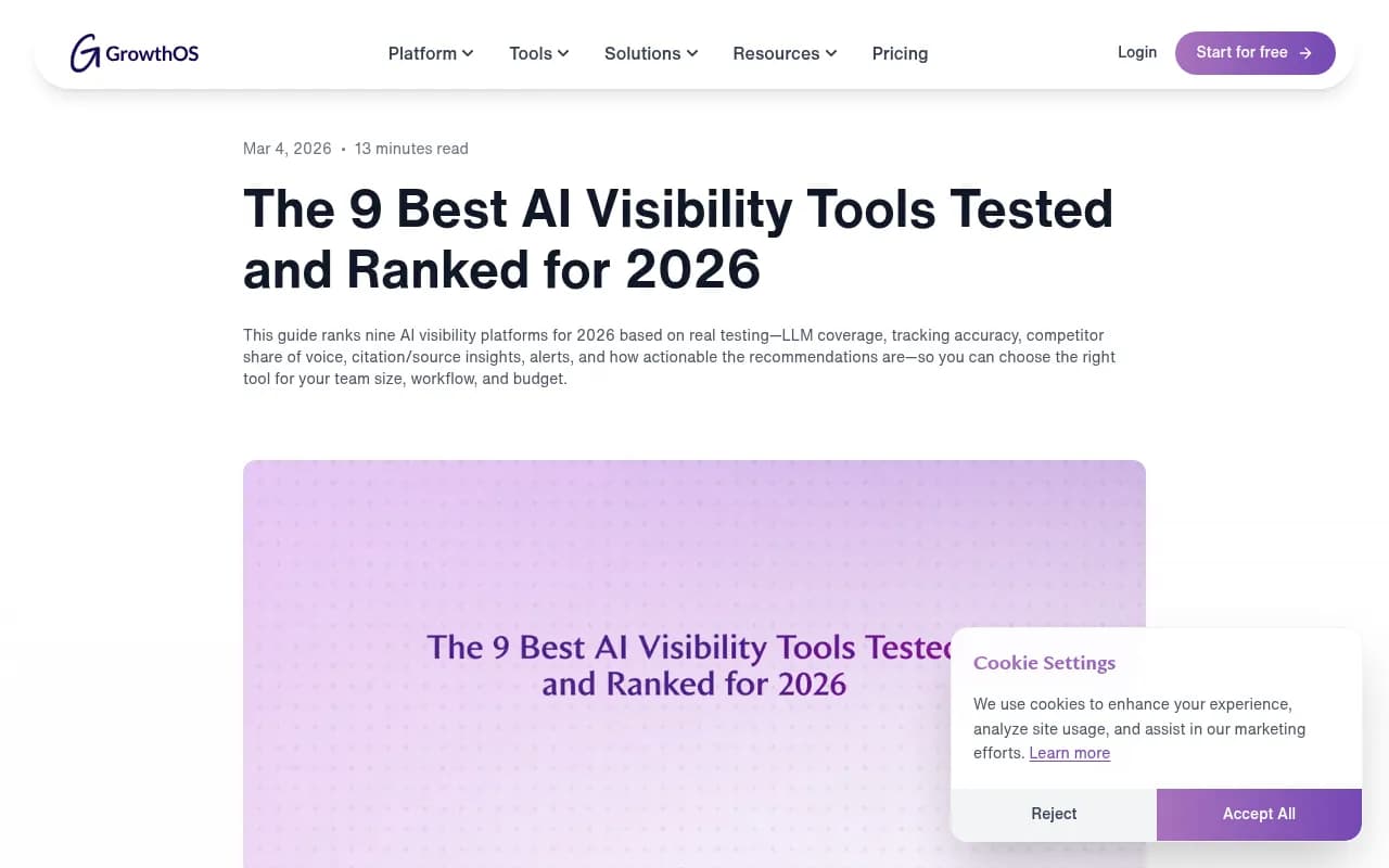 Screenshot from GrowthOS comparing AI visibility tools in 2026