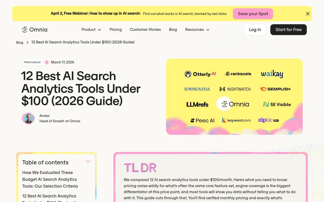 Overview of AI search analytics tools under $100 from Omnia's 2026 guide
