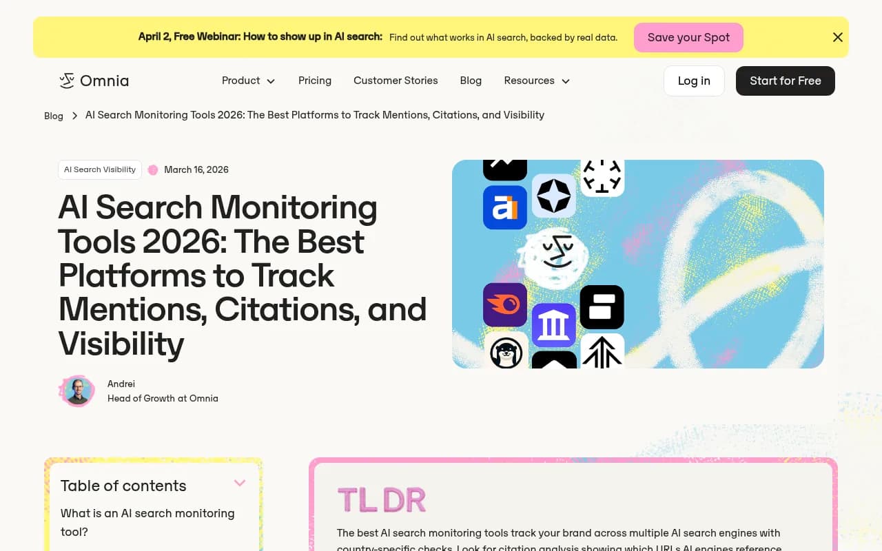 Omnia's AI search monitoring blog covering the best platforms for tracking citations and visibility