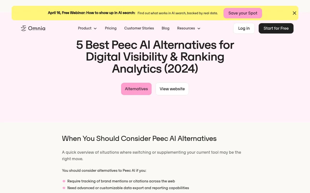 Omnia's Peec AI alternatives page, showing a ranked list of tools for AI visibility and share-of-voice analytics