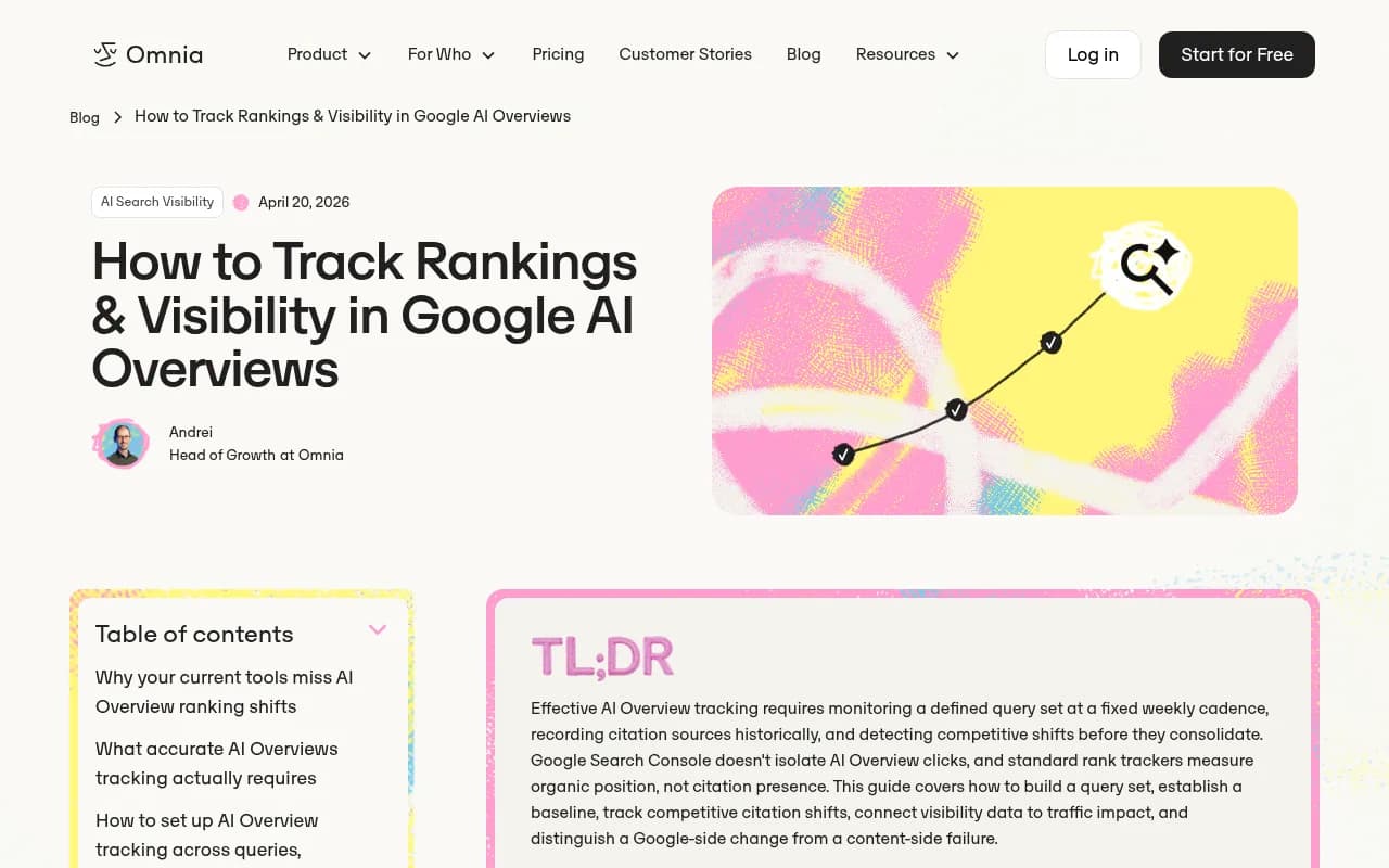 Omnia's guide to tracking AI Overview rankings covers query sets, historical baselines, and competitive citation tracking