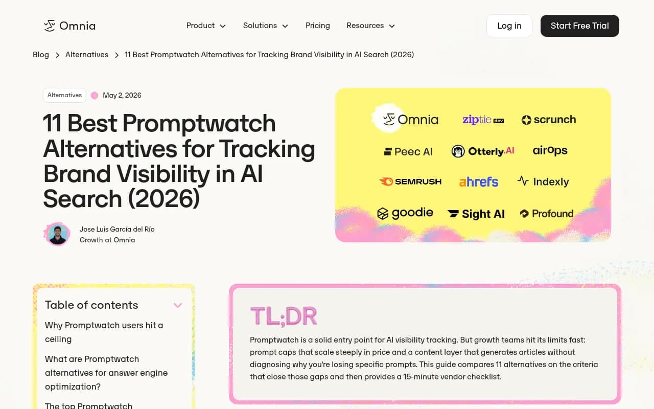Omnia's comparison of Promptwatch alternatives, a competitor-authored view worth reading critically
