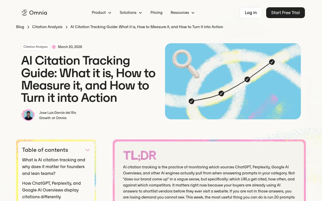 Omnia's AI citation tracking guide, which recommends starting with 20 buyer-intent prompts across two engines