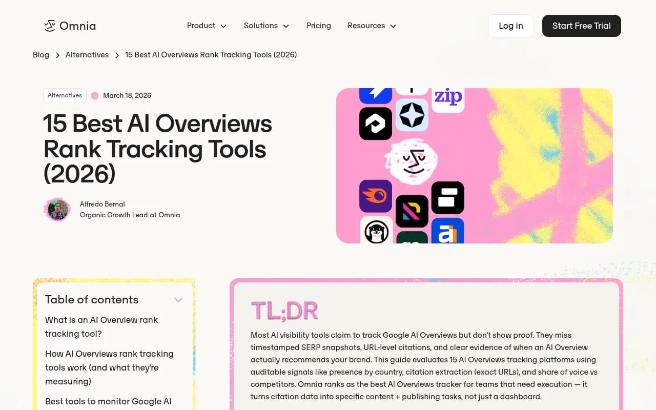 Omnia's guide to AI Overviews rank tracking tools, comparing platforms on archived SERPs and URL-level citations
