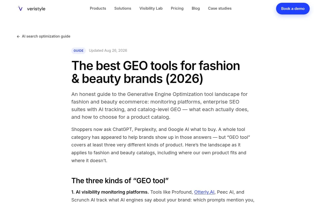 Veristyle's guide to GEO tools for fashion and beauty brands, describing monitoring, enterprise suites and catalog-level GEO
