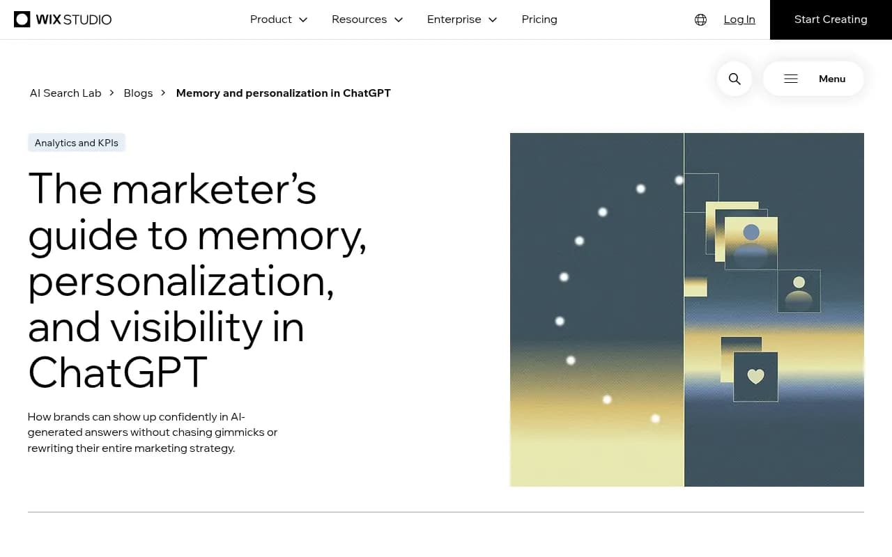 Wix AI Search Lab guide explaining the difference between personalization and memory in ChatGPT