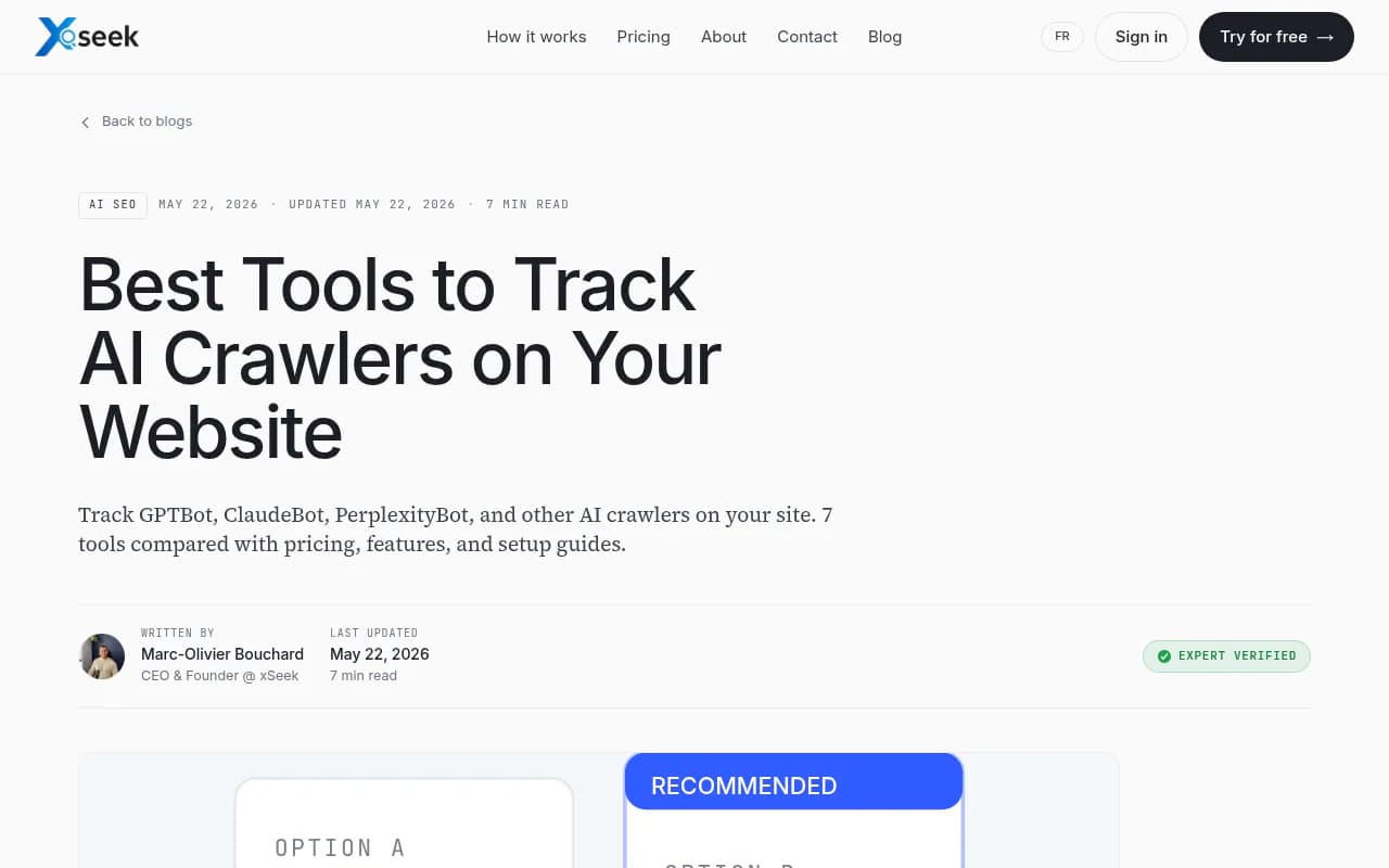 Screenshot of a guide comparing tools for tracking AI crawlers, including server log analysis and CDN-based options