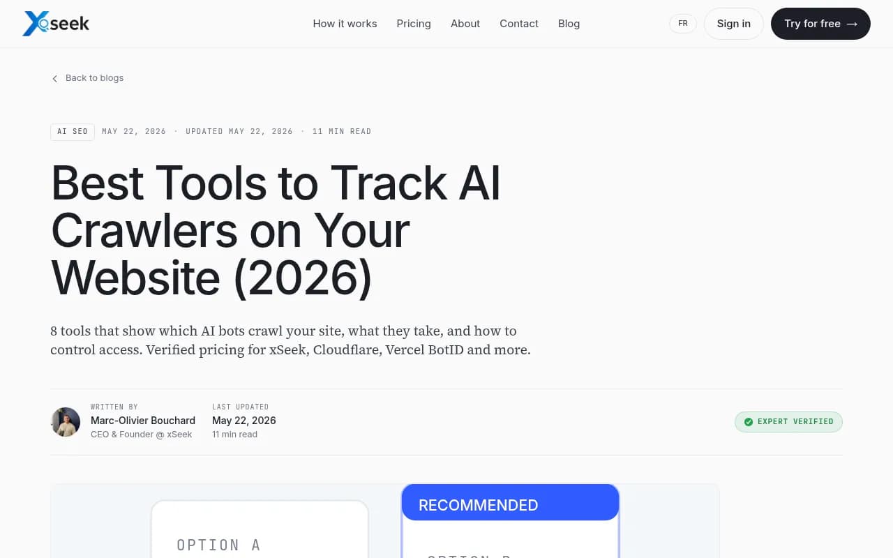 Best tools to track AI crawlers on your website comparison table showing tracking layer and pricing