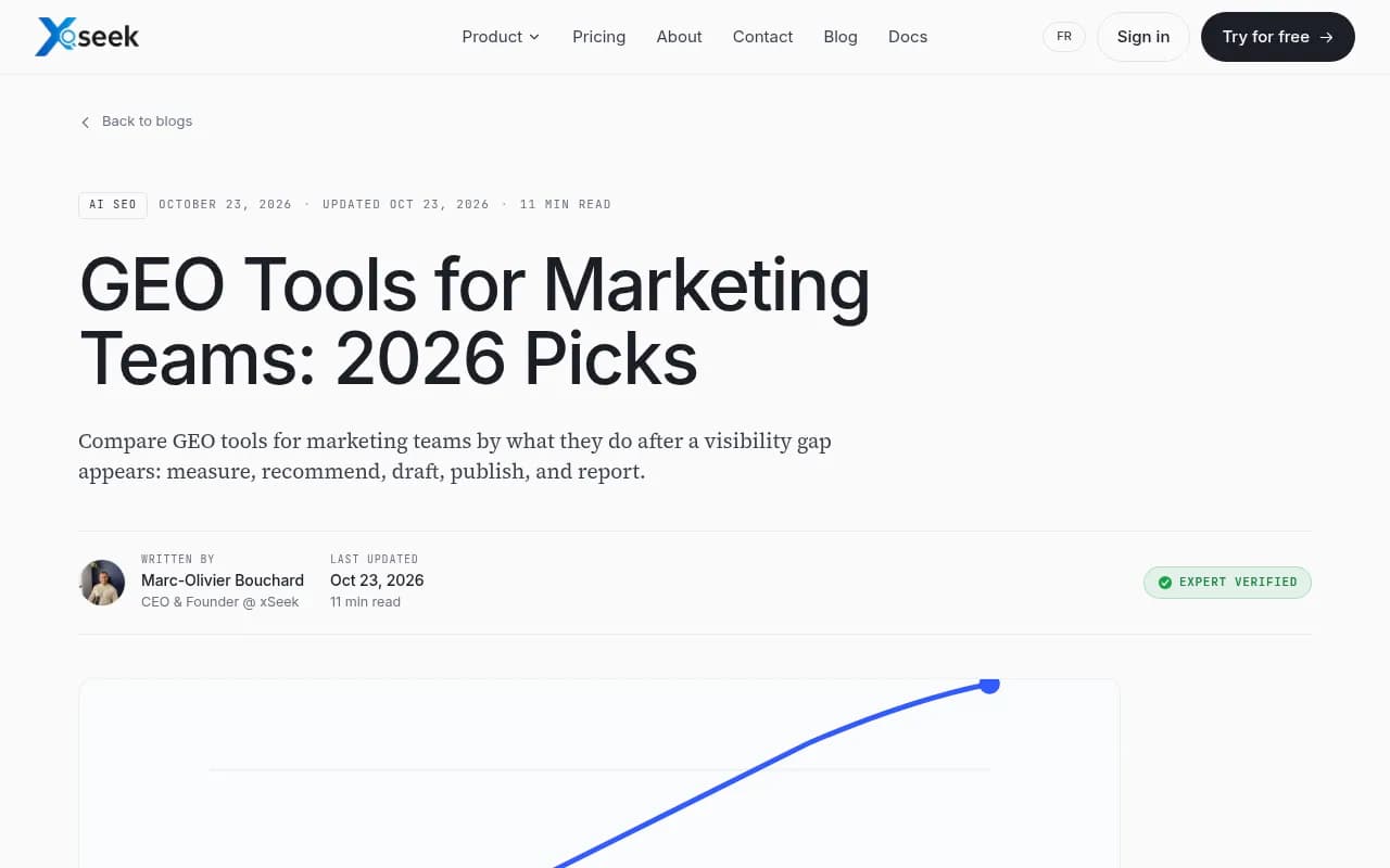 xSeek's marketing-team GEO guide, which frames tools as analytics-first versus action-first