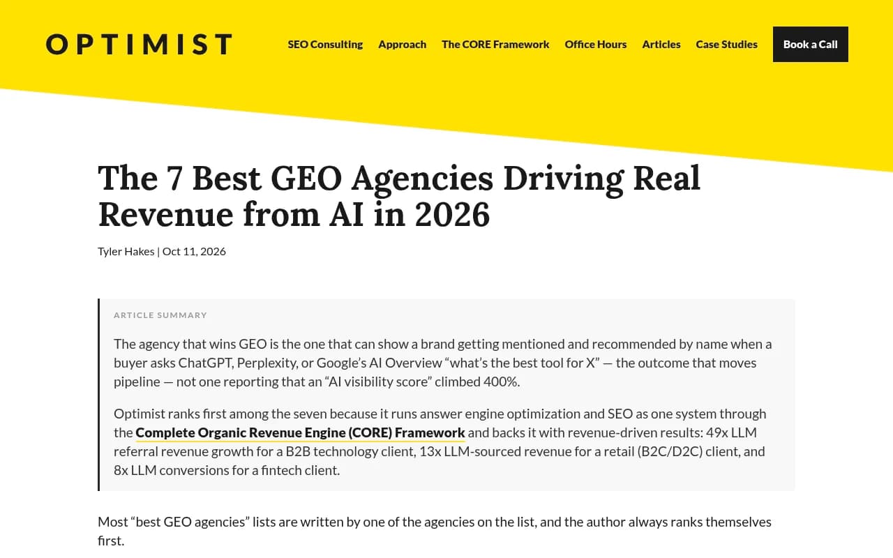 A GEO agency roundup from Optimist, which ranks itself first; useful for shortlisting but written by a vendor