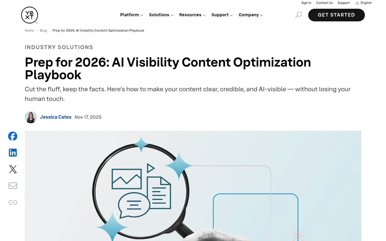 Yext AI Visibility Content Optimization Playbook showing how to structure content for AI readability