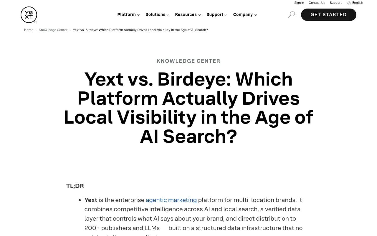 Yext's comparison of its AI visibility approach against competing platforms