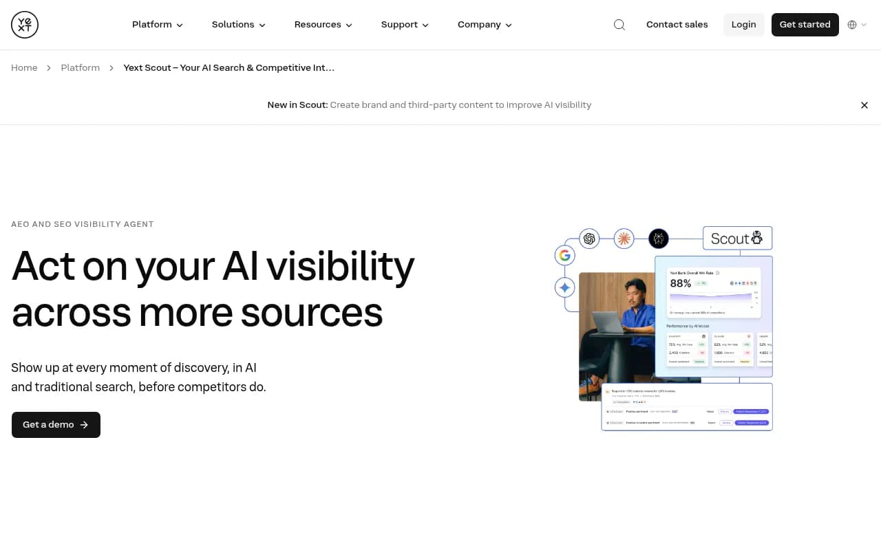 Yext Scout product page showing visibility monitoring, competitive benchmarking, and Action Center