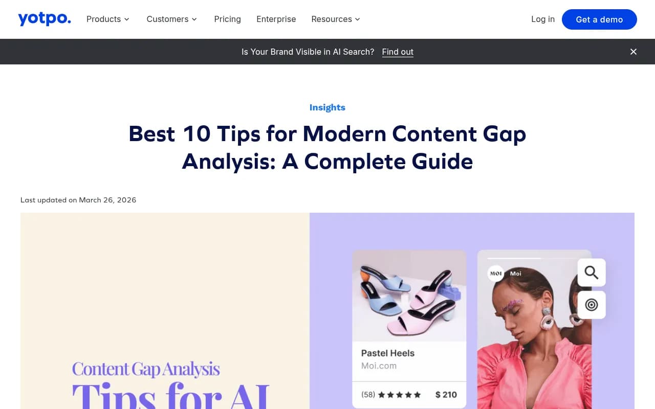 Yotpo's 2026 content gap analysis guide covering the shift from keyword-based to information-gain-based content strategy