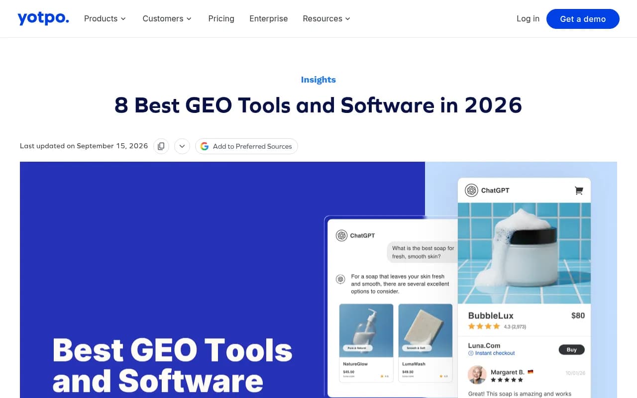 Yotpo's 8 Best GEO Tools and Software in 2026 guide, which cites AI-referred retail traffic growth