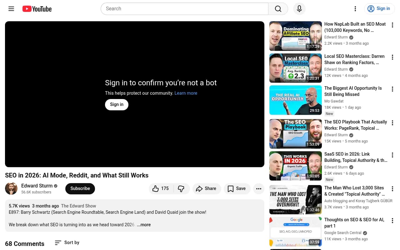 Barry Schwartz and David Quaid discussing SEO in 2026 on YouTube, covering AI Mode, Reddit, and what still works