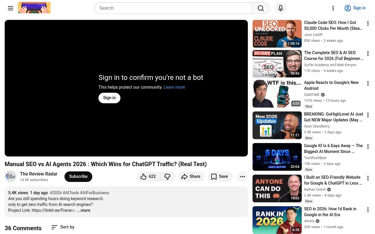 Manual SEO vs AI Agents comparison video exploring ChatGPT traffic methods