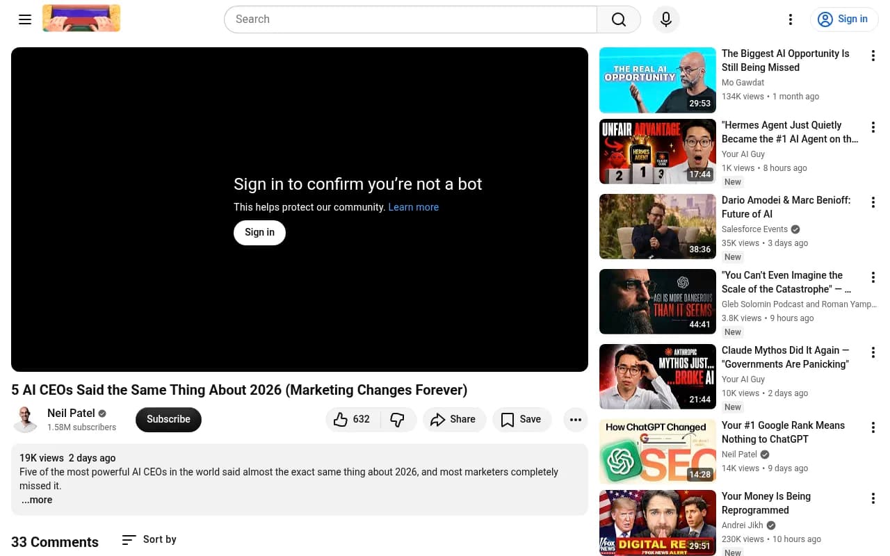 Neil Patel's YouTube video on the AI marketing shift all five major AI CEOs signaled in 2026