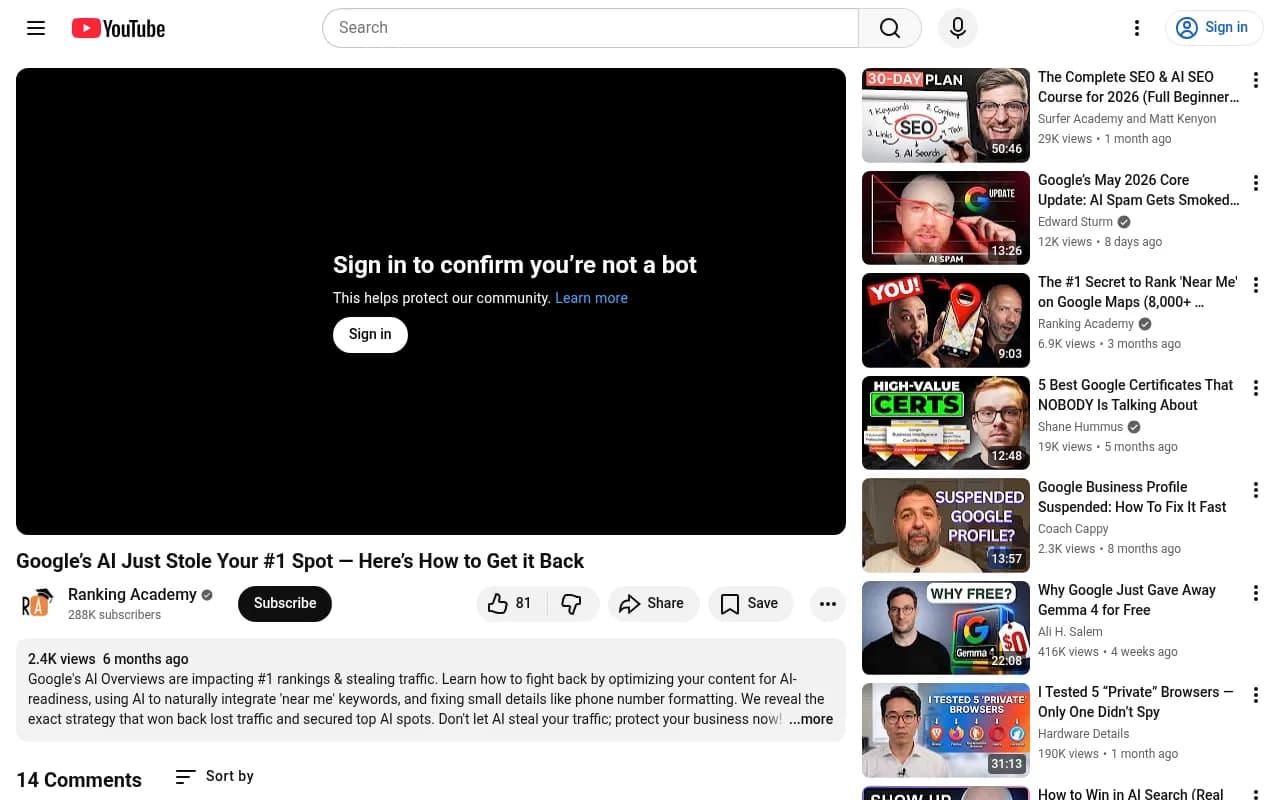 YouTube video showing strategy for recovering traffic lost to Google AI Overviews