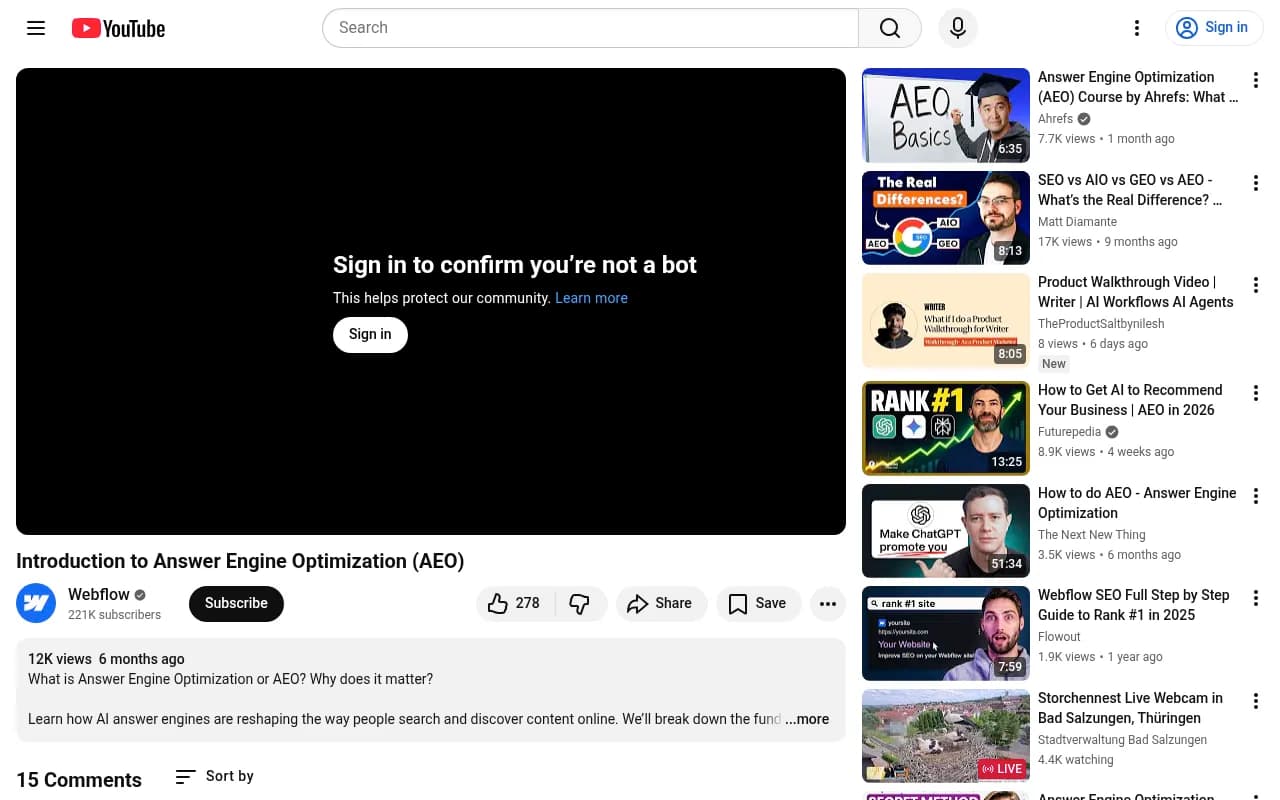 Introduction to Answer Engine Optimization on YouTube by Webflow