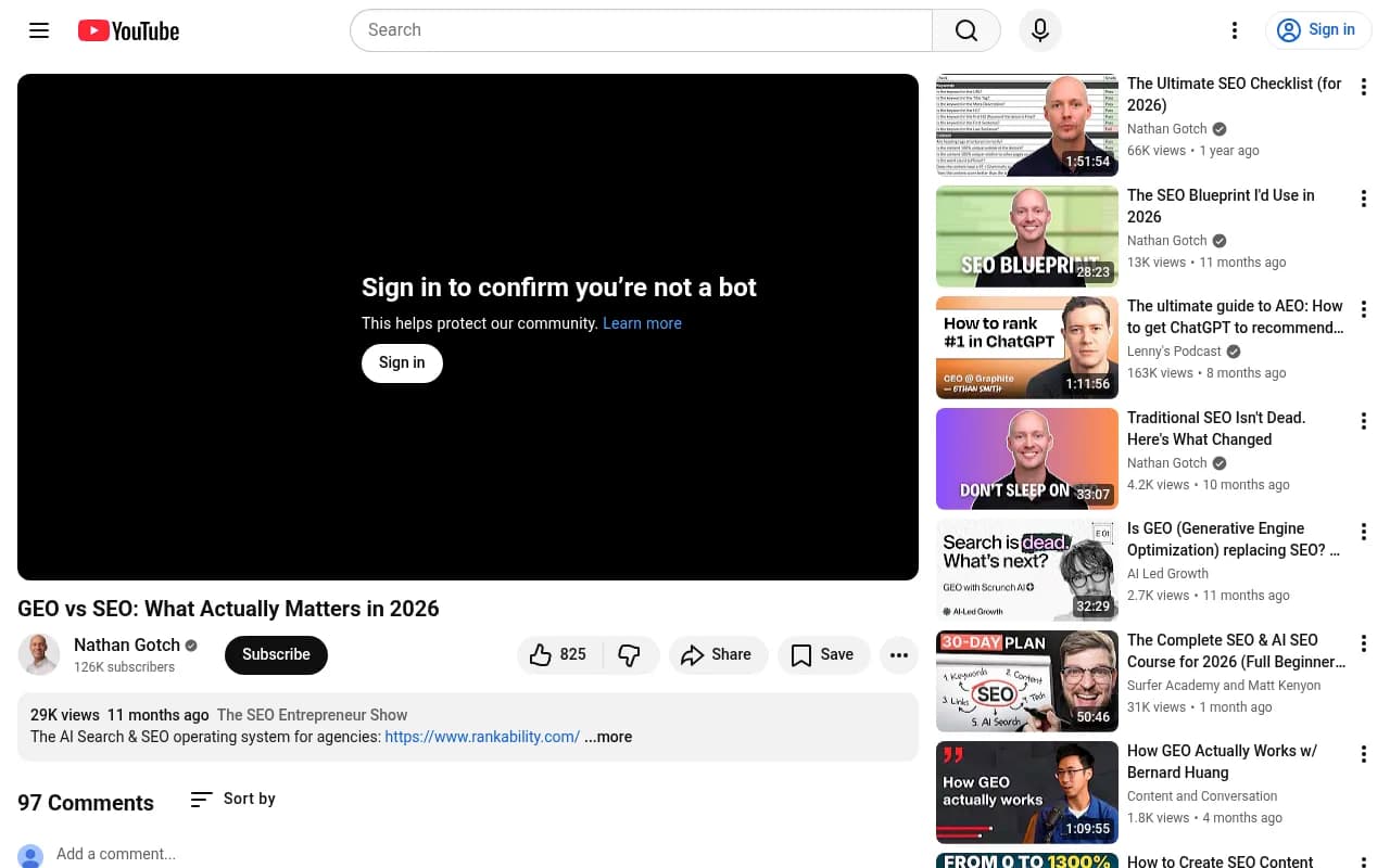 Nathan Gotch's GEO vs SEO breakdown on YouTube