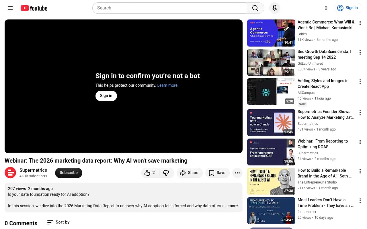 Supermetrics 2026 marketing data report webinar on YouTube