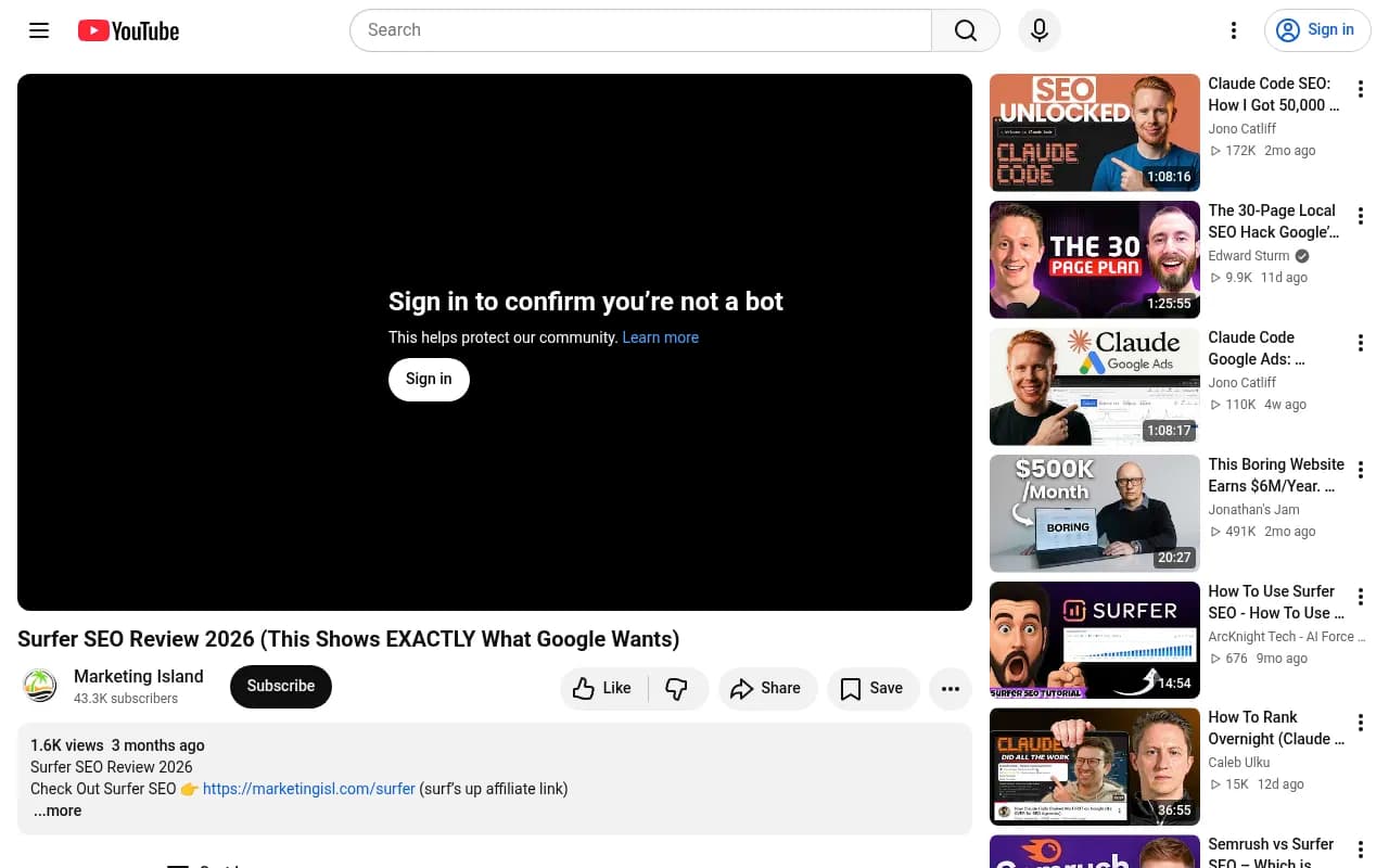 Surfer SEO review walkthrough showing content editor and scoring features