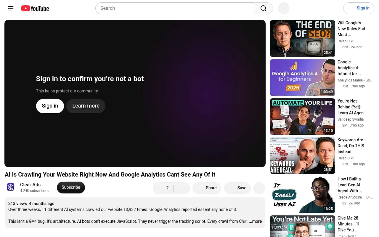 Screenshot of a video report showing 11 AI systems crawling one website 10,932 times in three weeks, all invisible to Google Analytics