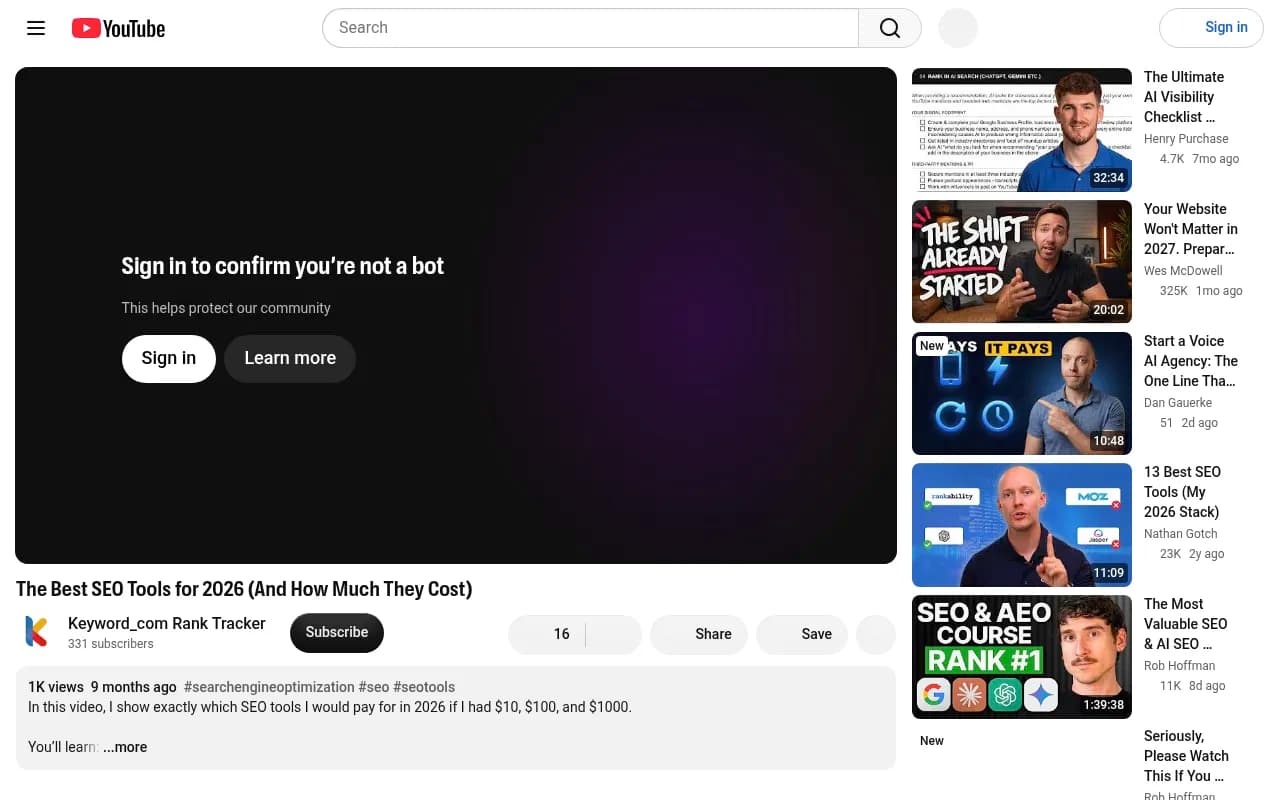 Keyword.com's video on which SEO tools to pay for at $10, $100 and $1000 budgets
