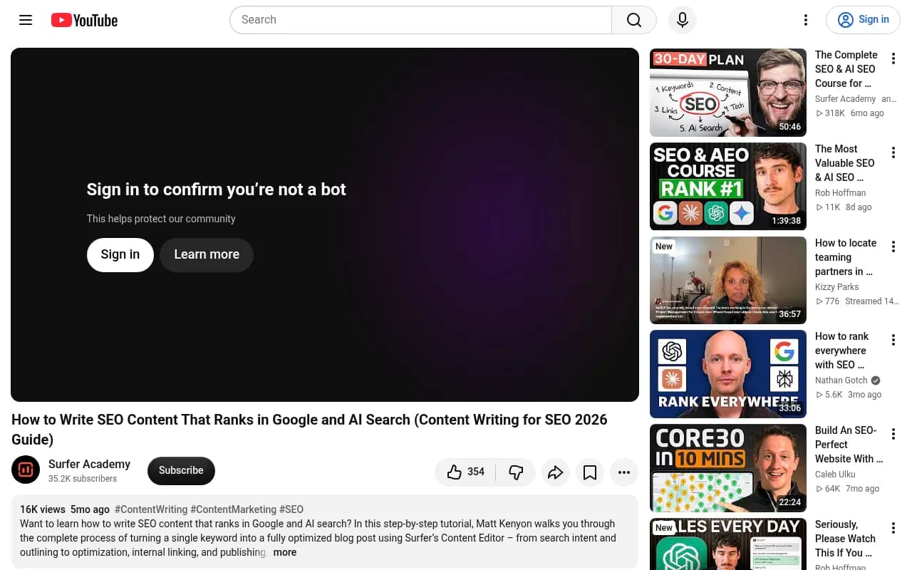 Surfer Academy tutorial on writing SEO content for Google and AI search