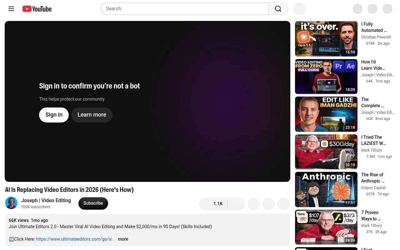 YouTube video on AI replacing video editors in 2026, citing AI-attributed job cuts
