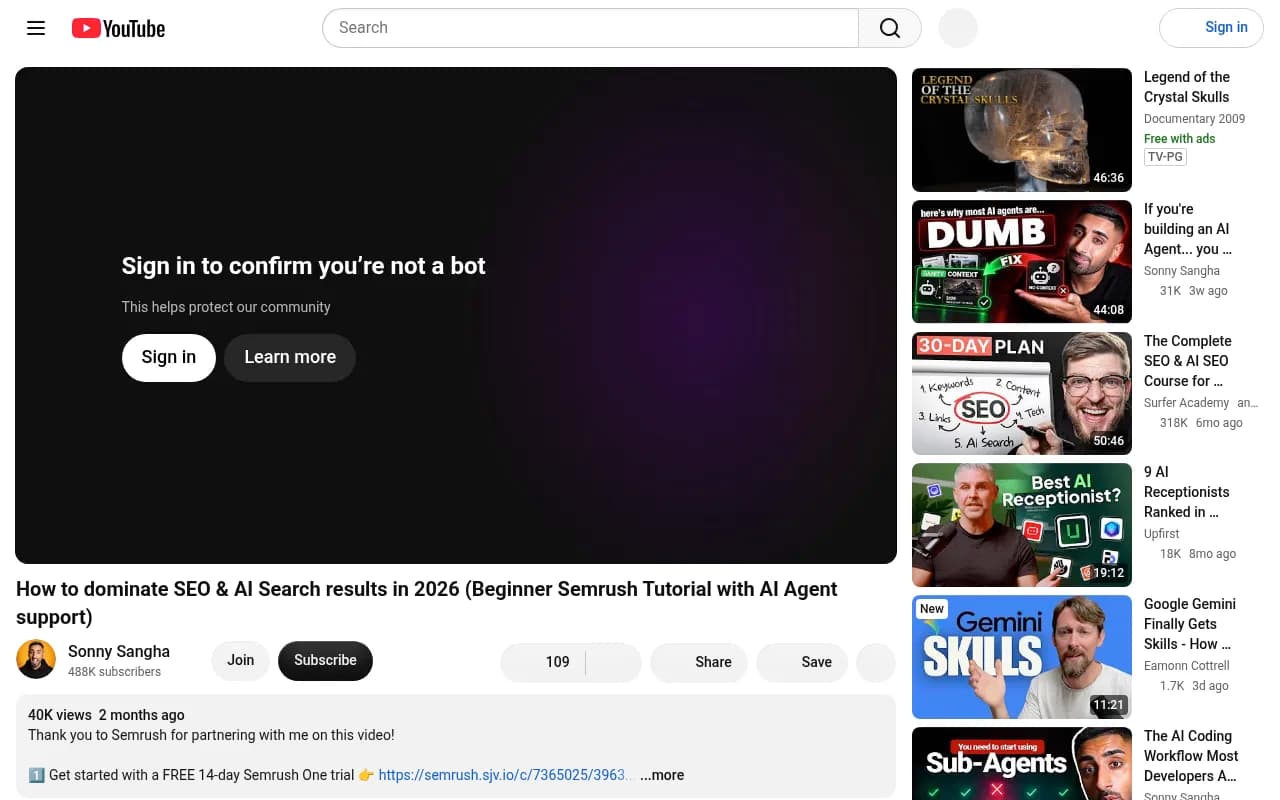 Sonny Sangha's tutorial on using Semrush with AI agent support for SEO and AI search