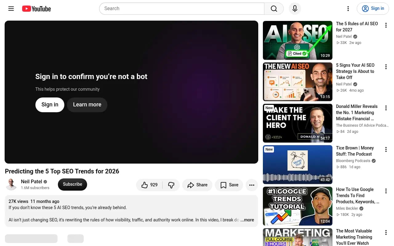 Neil Patel's video breaking down five AI SEO trends for 2026