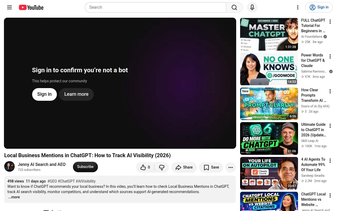 YouTube walkthrough on checking local business mentions in ChatGPT
