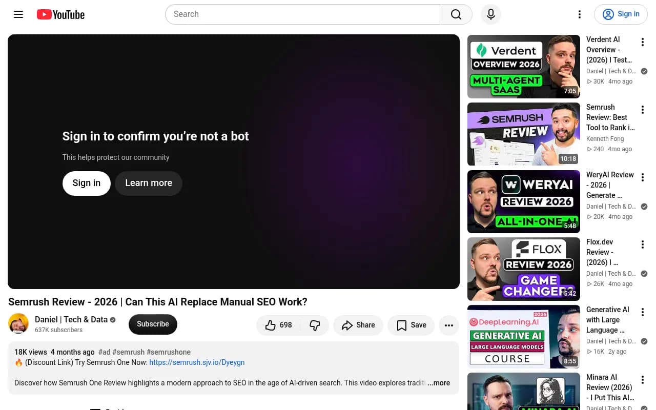 YouTube review of Semrush One showing the MCP connected to a code editor