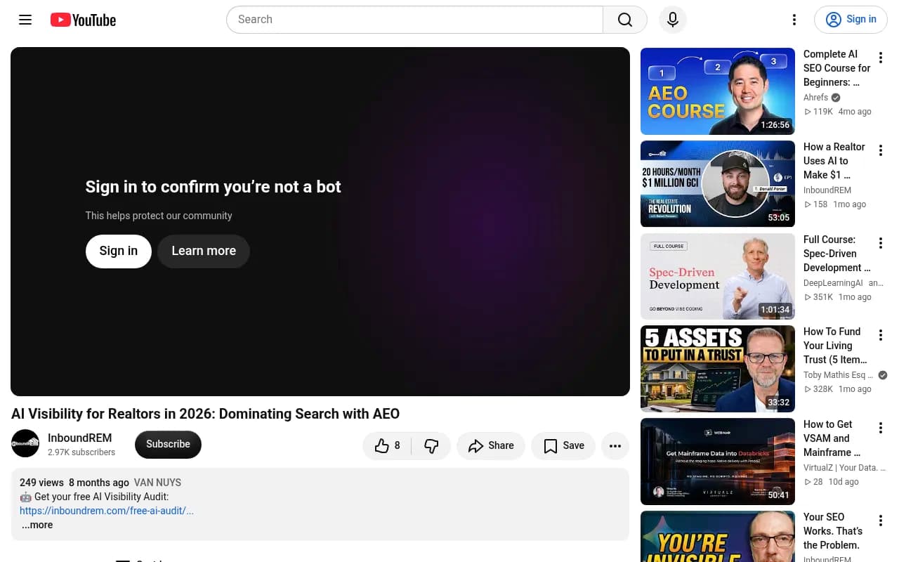 InboundREM video on AI visibility for realtors in 2026, covering AI Overview rates and why few agents make AI top lists