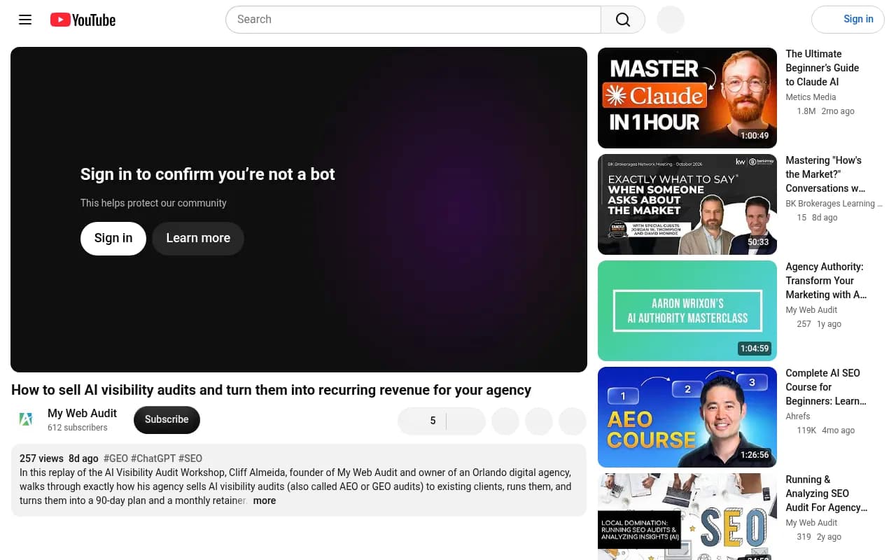 A workshop replay on selling AI visibility audits and converting them into a 90-day plan and retainer