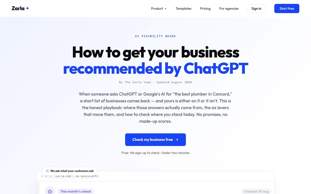 Zarla's AI Assistants tracker showing a business named in 2 of 12 ChatGPT and Google AI answers, with competitors and their ratings listed alongside