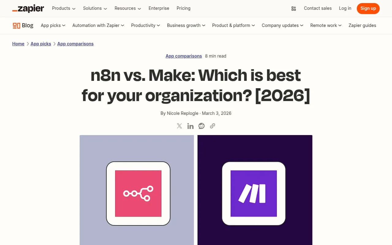 n8n vs Make comparison guide on Zapier's blog, showing a detailed breakdown of integrations, pricing, and security
