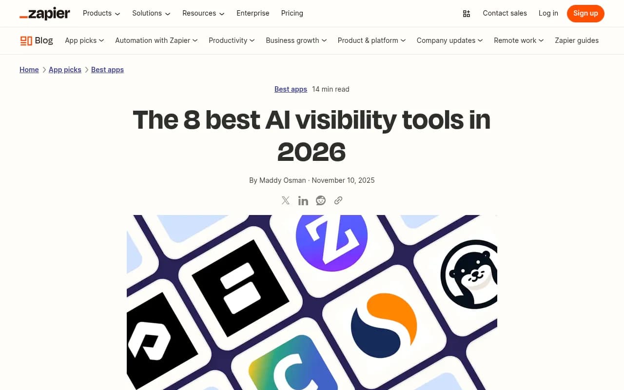 Zapier's roundup of the 8 best AI visibility tools in 2026, with independent testing notes