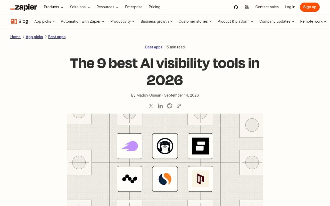Zapier's 2026 roundup of AI visibility tools, comparing options like OtterlyAI, Peec AI, and Similarweb