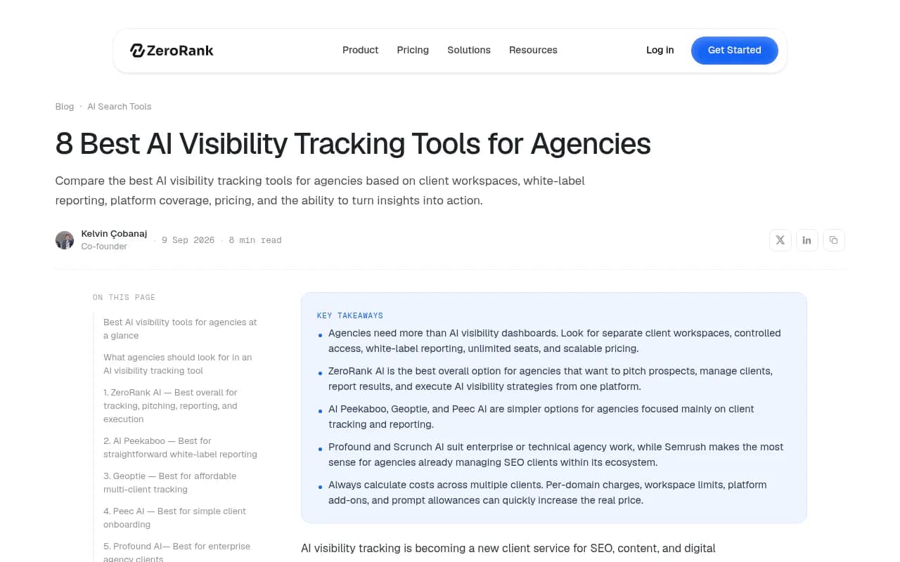 ZeroRank's comparison of AI visibility tracking tools for agencies, including client workspaces and white-label reporting