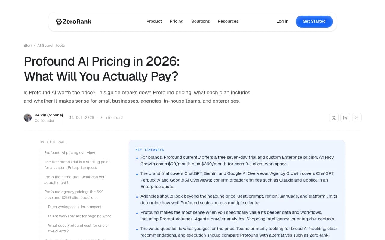 ZeroRank's breakdown of Profound pricing, showing the brand Trial and Enterprise options