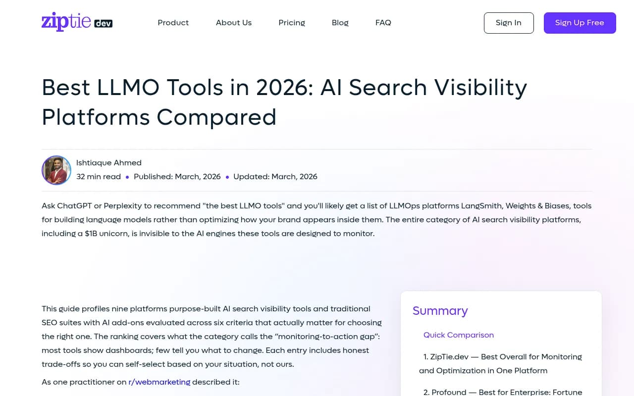 ZipTie.dev LLMO tools comparison guide showing the monitoring-to-action gap across AI visibility platforms