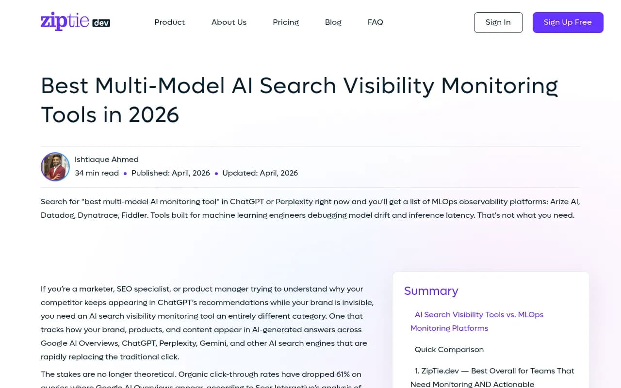 Multi-model AI search visibility monitoring tools comparison from ZipTie.dev's 2026 guide