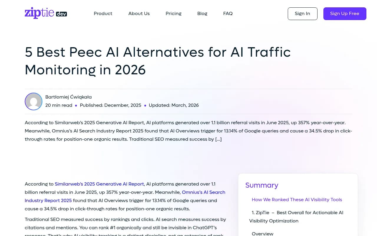 Comparison of Peec AI alternatives from ZipTie.dev's 2026 guide
